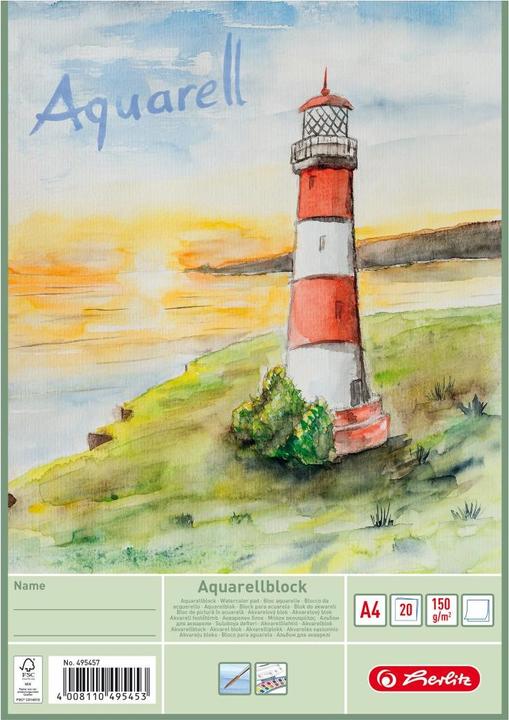 Actual product image Herlitz Watercolour block, 210 x 298 mm, content: 20 sheets 150 gsm, white, rough, study quality (A4, Plain, Hardcover)