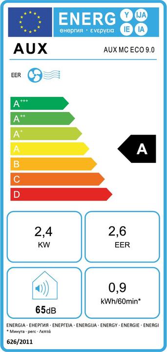 Energie-Label AUX ECO Klimagerät (28 m², 9000 BTU/h)