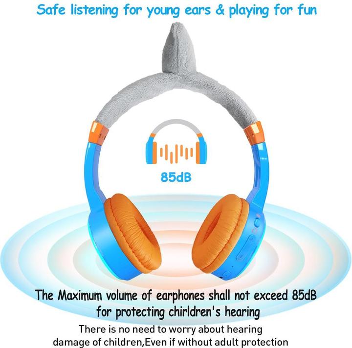 Image du produit PhoneLook Casque cool sans fil Bluetooth 5.3 pour enfants avec volume atténué 85dB et design amusant Shark
