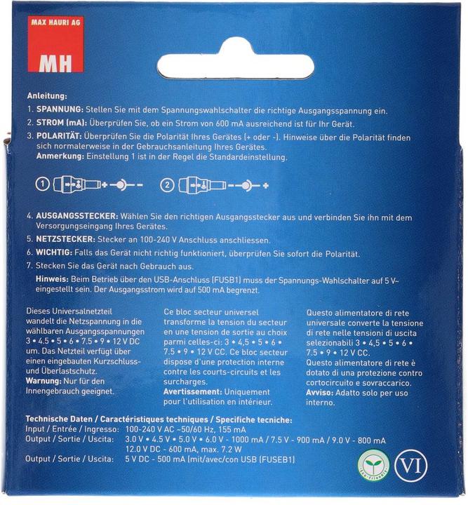 Immagine prodotto Max Hauri Alimentatore universale a spina 600mA