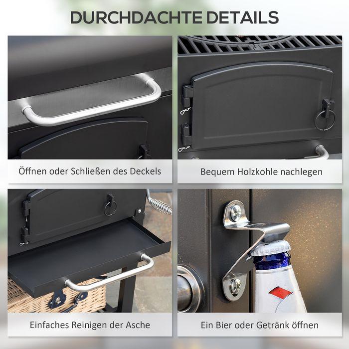 Produktbild Swisshandel24 Holzkohlegrill BBQ Gartengrill mit Deckel, Ablagen, Smoker, Warmhalteplatte, Regale, Transportrollen (54 cm)