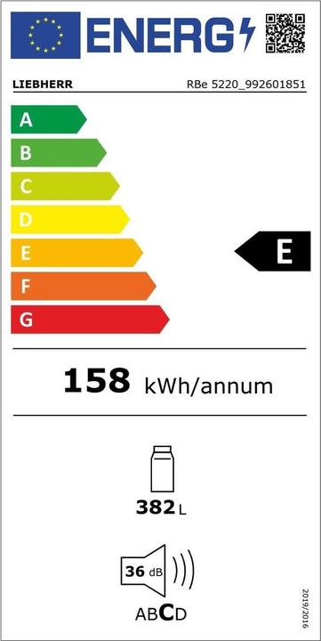 Label énergétique Liebherr Réfrigérateur Autoportant Plus RBe 5220 Blanc (288 l)