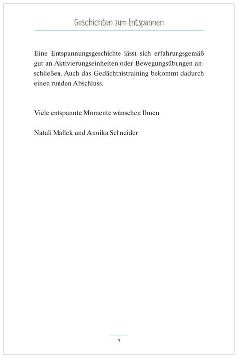 Produktbild Geschichten zum Entspannen. Kurze Erzählungen für Senioren. Auch mit Demenz. Ratgeber (Deutsch, Natali Mallek, Annika Schneider, 2019)