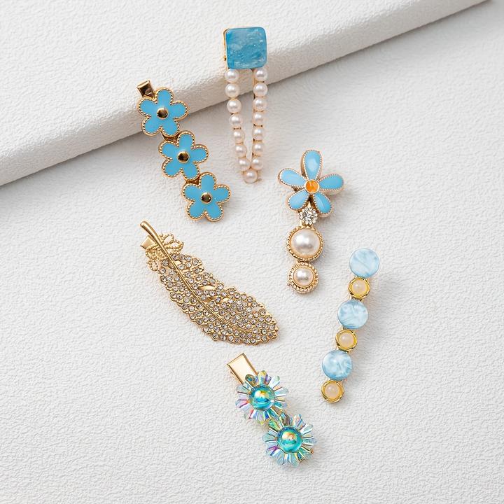 Actual product image Activity Board 6pcs Bunte Feder Blumen Faux Perle Strass Haarspangen Mode Luxus Urlaub Reise Haarnadeln (6 pcs.)