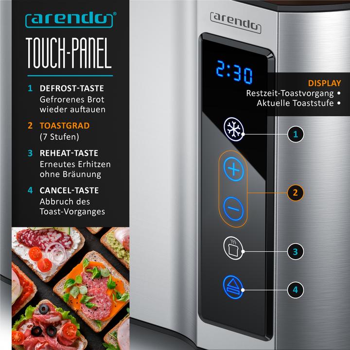 Produktbild Arendo Toaster Edelstahl 2 Scheiben Kurzschlitz, Brötchenaufsatz, Touchpanel, Display mit Restzeitanzeige