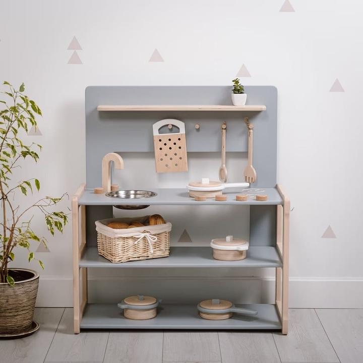 Actual product image Activity Board Waldorf Atmosphere, Kitchen Play Set, Children's Wooden Play Kitchen - Grey