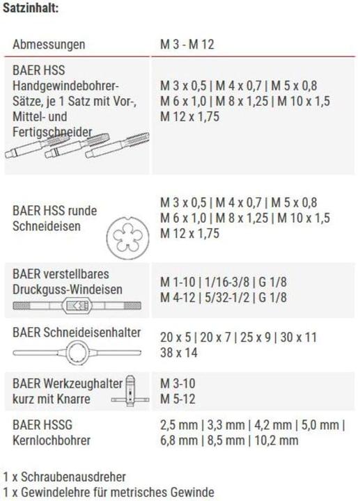 Nährwerte und Zutaten Erba Gewindeschneider-Set