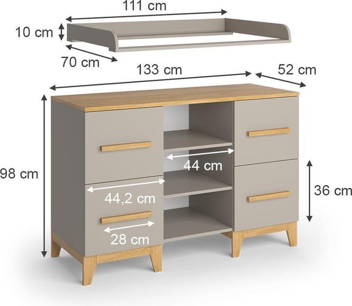 Produktbild VitaliSpa Wickelkommode Malia, Cashmere-Eiche, 133 x 108 cm XL mit 4 Schubladen