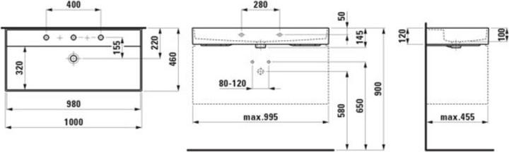 Produktbild Laufen Kartell Waschtisch unterbaufähig, 2 Hahnlöcher, mit Überlauf, 1000x460mm, H810337 (460 mm, 1000 mm)