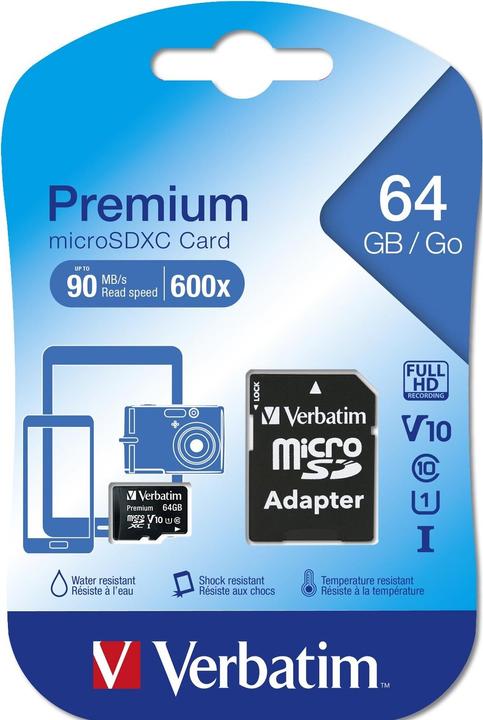 Image du produit Verbatim Carte Micro SDXC de classe 10 (64 Go, microSDXC, U1, UHS-I)