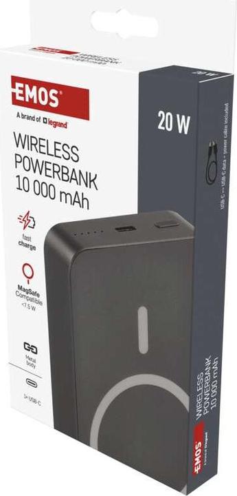 Actual product image Emos Powerbank WI 1046, 10 000 mAh, 20 W+Wireless, grey (10000 mAh, 20 W, 38.50 Wh)