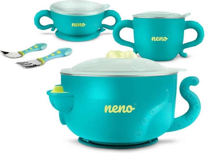 Actual product image Neno POLPO set thermal baby dishes, baby food container, baby spoon, baby fork, 200ml bottle.