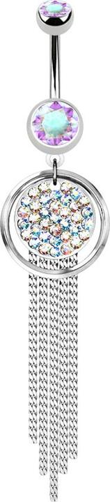 Star Piercing Banane silber mit zwei Kugeln Kristall multicolor Anhänger Kronleuchter glitzerfaden (Messing, Chirurgenstahl 316L)