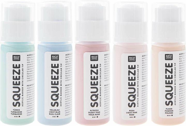 Produktbild Rico Design Rico Squeeze Marker, 5 x 60 ml Pastell (Türkis, hellrosa, Rosa, Altrosa, Blau, 5 x)