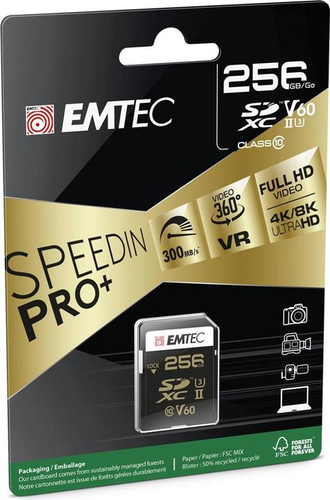 Image du produit Emtec SD 256GB UHS-II U3 V60 Ultra Pro (256 Go, SDXC, U3, UHS-II)