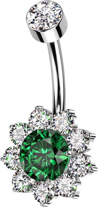 Hollywood Body Jewelry Banane Innengewinde silber mit Zylinder silber Kristall silber und Blume grosser Kristall grün Krist (Titan G23, ohne Messing)