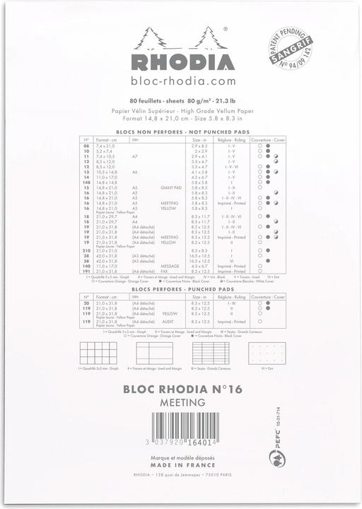 Nährwerte und Zutaten Rhodia Blöcke geheftet 80g Basics (A5, Speziallineatur)