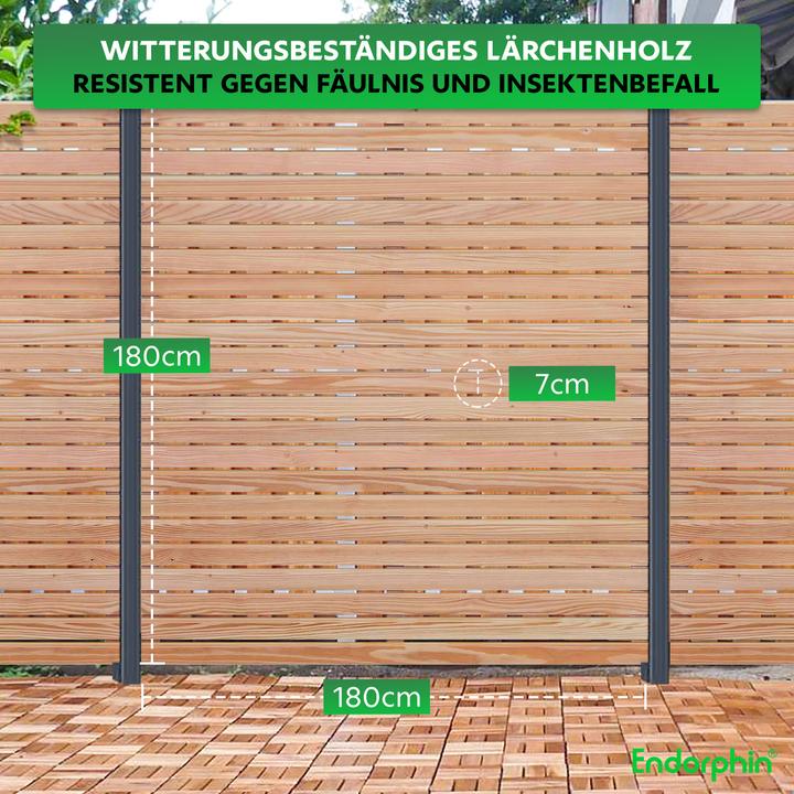 Actual product image Rhombus-Sichtschutzzaun Lärche | 5x Elemente (180x180cm) & 6x Alu-Pfosten (7x7x235cm)