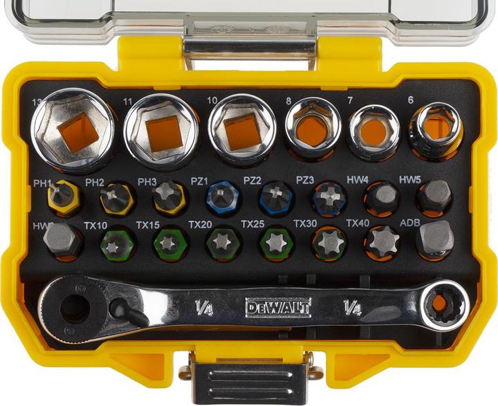 Image du produit DeWalt Tournevis Jeu d'embouts et de cliquets (Croix Phillips PH M2, Six pans creux TX M20, Six pans creux TX M25, Croix Phillips PH M1, Six pans creux TX M15, Croix Pozidriv PZ M3, Six pans creux TX M30, Croix Phillips PH M3, Croix Pozidriv PZ M2, Six pans creux TX M10, Six pans creux TX M40, Croix Pozidriv PZ M1)