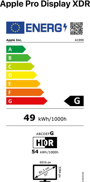 Label énergétique Apple Pro Display XDR (6016 x 3384 pixels, 32")
