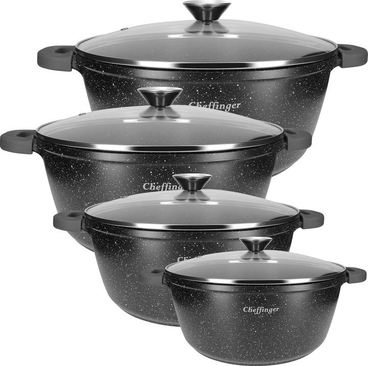 Produktbild JTI Töpfe mit Deckel - schwarz - 8-teilig (32 cm, Pfannenset + Topfset, Aluminium, Edelstahl)