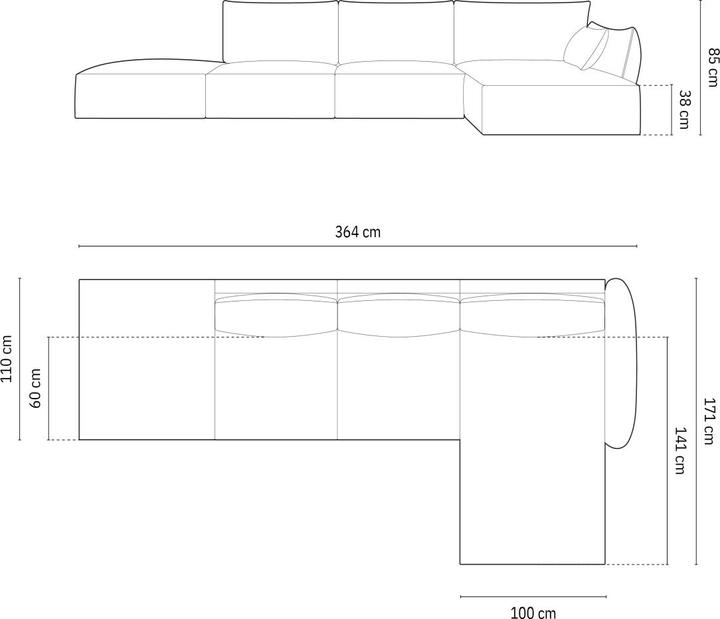 Image du produit Micadoni Canapé D'Angle Droit Velours, "Kaelle", 5 Places, 364x171x85Fabriqué en Europe (Canapé d'angle)