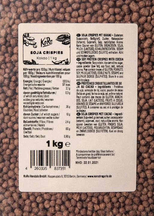 Nutritional values and ingredients KoRo Soy Crispies with cocoa (1000 g)