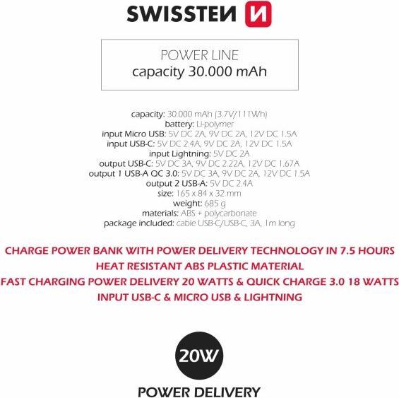 Actual product image Swissten Power Line (30000 mAh, 20 W, 20 Wh)