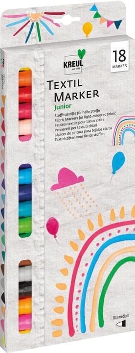 Produktbild Kreul Textil Marker medium Junior 18er Set (Braun, Grau, Rot, Pink, Grün, Violett, Hellgrün, Rosa, Hellpink, Blau, Schwarz, 4 mm, 18 x)