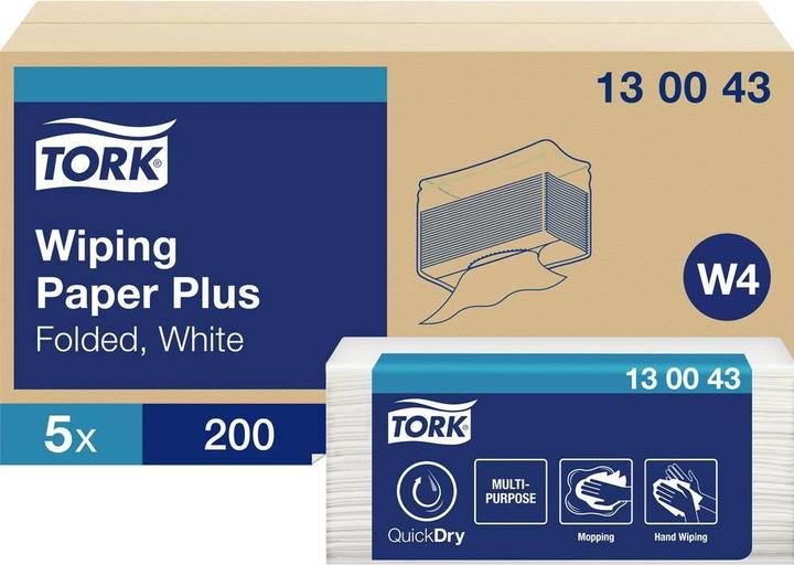 Produktbild Tork Aftørringspapir Plus W4 2-lag hvid 130043 5x200ark - (1000 ark pr. karton) (200 x)