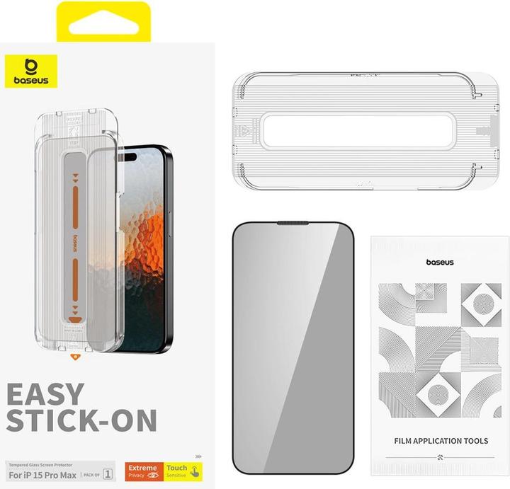 Actual product image Baseus iPhone 15 Pro Max Sapphire Series Screen Protector Bulletproof Glass with Privacy Screen (1 Piece, Apple iPhone 15 Pro Max)