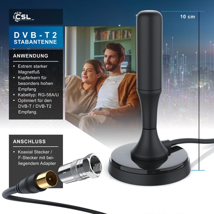 Produktbild CSL DVB-T2 Stabantenne für Innenbereich, digitale Antenne mit 4m Kabel / inkl. F-Stecker Adapter (Stabantenne, 5 dB, DVB-T / -T2)