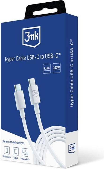 Image du produit 3MK Câble Hyper Cable USB-C - USB-C 100W 1.2m Biały/White (1.20 m, USB 3.2 Gen 1, 100 W)