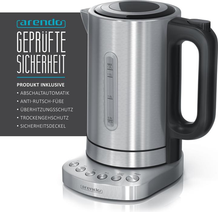 Produktbild Arendo Wasserkocher 1,7 l, 3000 W, Edelstahl, Schnellkoch, einstellbare Temperatur, Warmhaltefunktion (1.70 l)