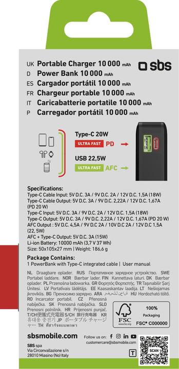 Energy Label SBS Power Bank 10,000 mAh with built-in USB-C cable (10000 mAh, 20 W, 37 Wh)
