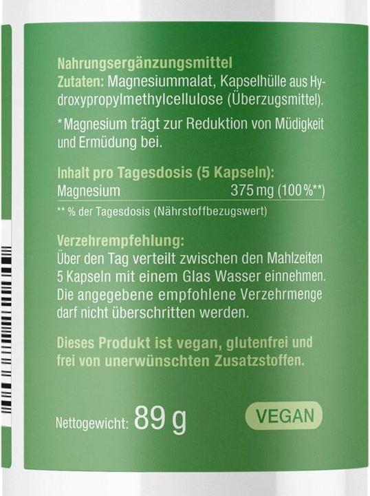 Valori nutrizionali e ingredienti Effective Nature Magnesio malato (150 Pezzo/i, Pillole, 100 g)