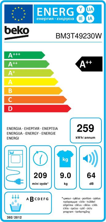 Energie-Label Beko BM3T40230W (9 kg, Rechts)
