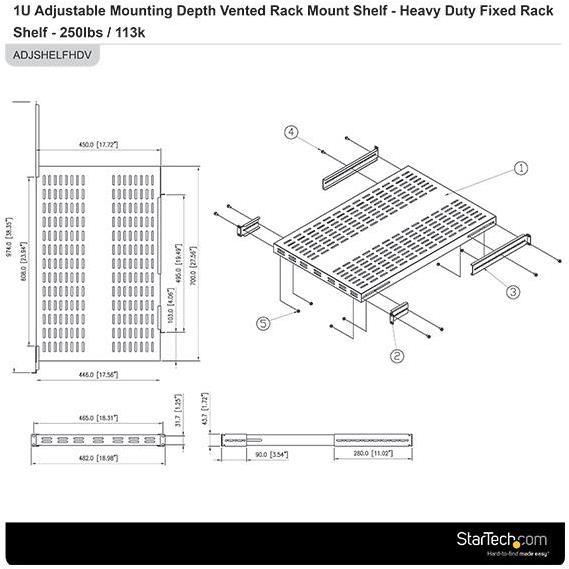 Immagine prodotto StarTech Ripiano regolabile 1U per server rack/cabinet fino a 113 kg - Scaffale per server 1U ventilato