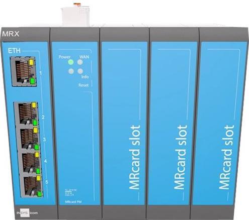 Actual product image Insys icom MRX5 LAN, modular LAN LAN router, VPN 5xEthernet 10/100BT 2xdig.One MRcard slots:3xfree