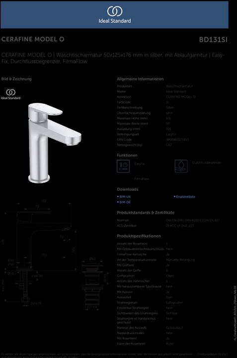 Actual product image Ideal Standard Cerafine O H120 basin mixer with push-open 125 mm projection