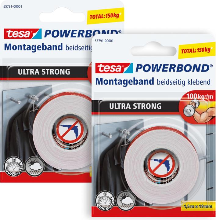 Produktbild tesa 2x Powerbond ULTRA STRONG doppelseitiges Montageband (19 mm)