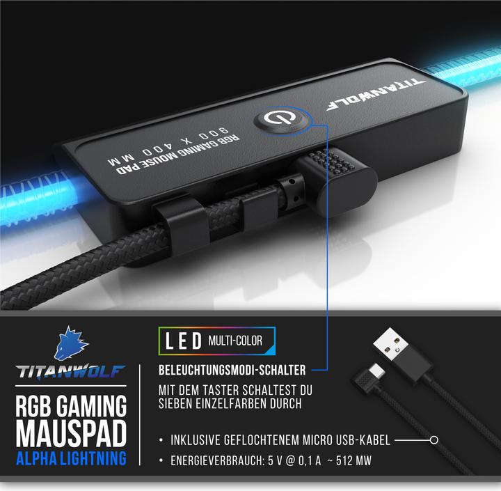 Immagine prodotto Titanwolf Tappetino per mouse da gioco, tappetino per mouse XL RGB 900 x 400 mm, migliora precisione e (XXL)