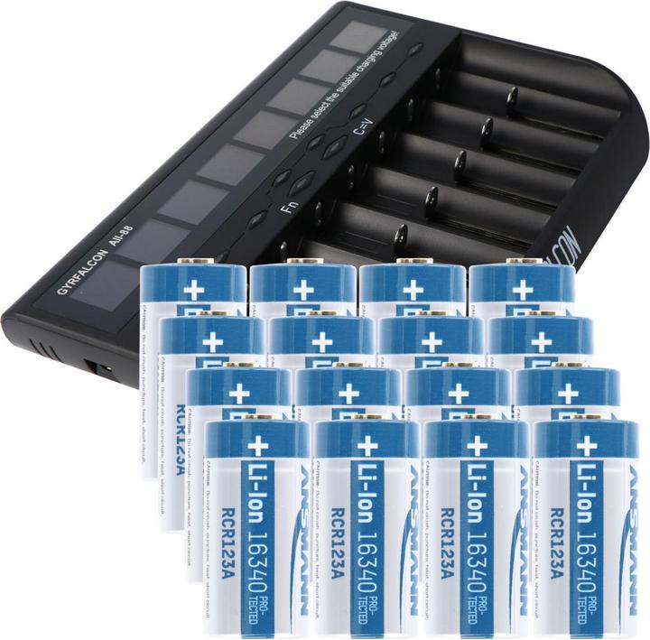 AccuCell 8fach Schnell-Ladegerät und 16 Stück CR123A Li-ion Akku (1 Stk., CR123A, 760 mAh, Ladegerät inkl. Akku)