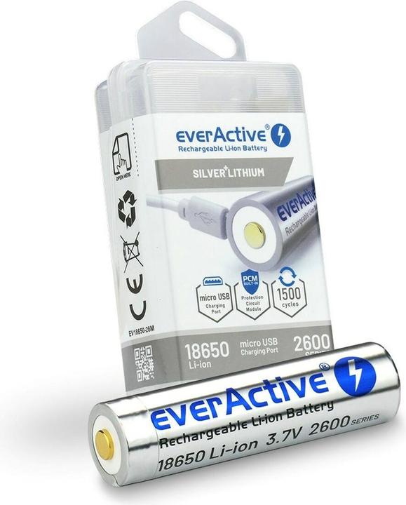 Immagine prodotto Everactive ACCUMULATORE 18650 3 7V LI-ION 2600MAH MICRO USB Z ZABEZPIECZENIEM BOX EV18650-2 (1 pz., 18650, 2600 mAh)