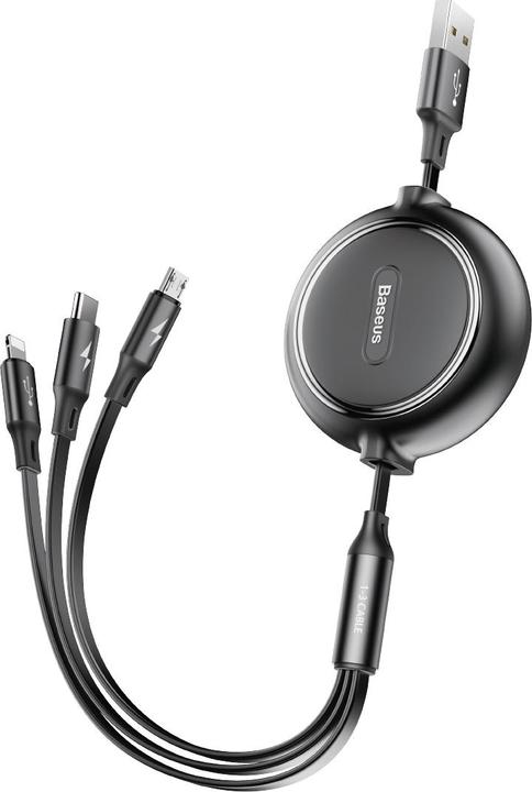 Baseus Golden Loop Drie-in-één Elastische Datakabel USB voor M+L+T 3,5A 1,2m Zwart (1.20 m, USB 3.2 Gen 1)