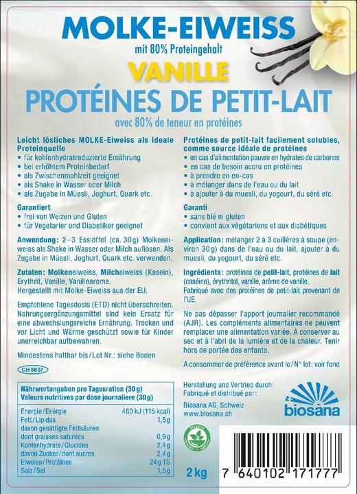 Nutritional values and ingredients Biosana Whey protein powder vanilla (1 Piece, Powder, 2000 g)