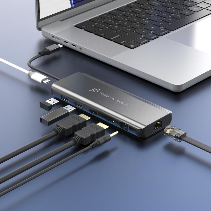 Image du produit j5Create JCD398-N, Avec fil, USB 3.2 Gen 2 (3.1 Gen 2) Type-C, 100 W, 10,100,1000 Mbit/s, Gris, Spac (2 Ports)
