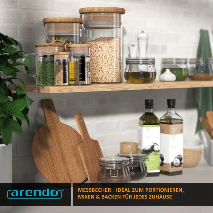 Produktbild Arendo Messbecher-Set, 50 ml, 125 ml & 250 ml aus Glas für Küche, luftdicht, Bambusdeckel, Silikondichtung (250 ml)