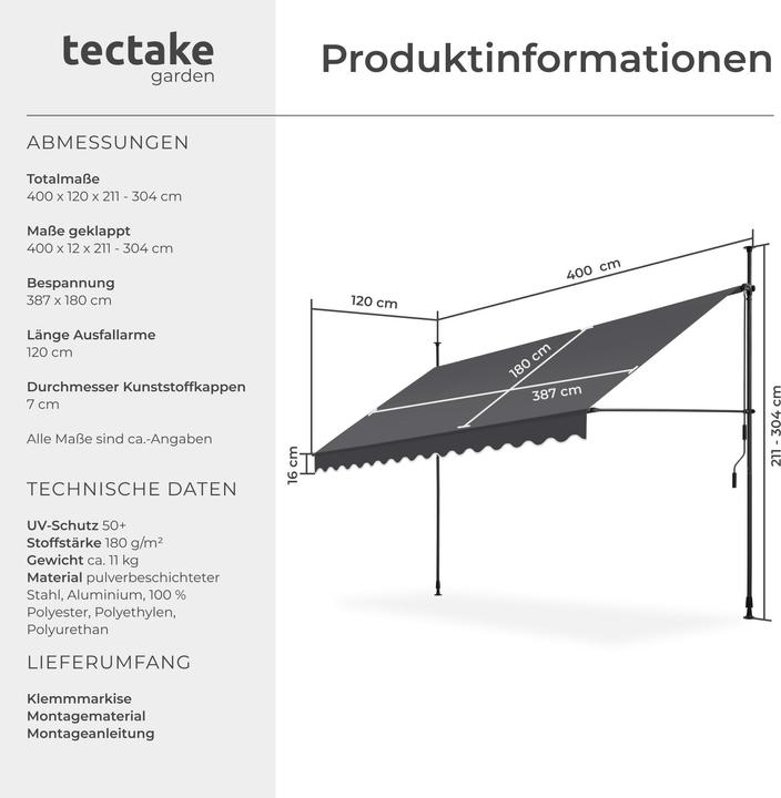 Actual product image tectake Tenda a morsetto con manovella, altezza regolabile (4 m)