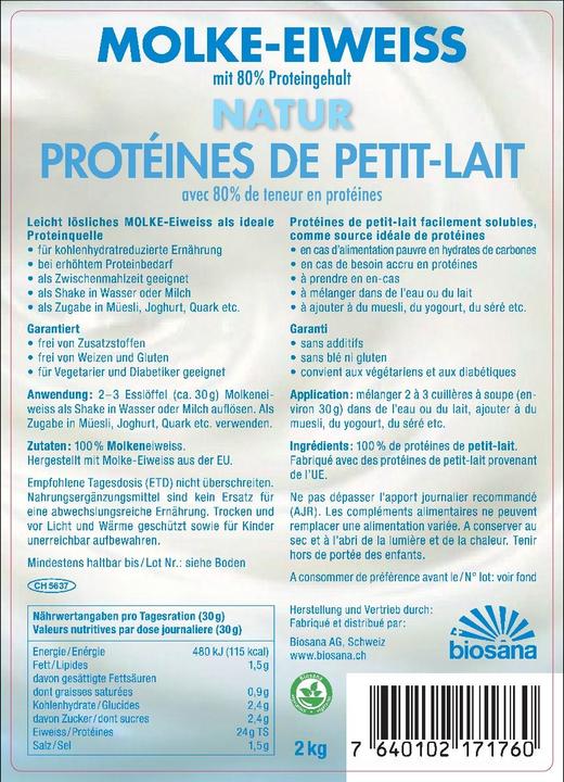 Valeurs nutritives et ingrédients Biosana Protéine de petit-lait en poudre nature (1 pièce(s), Poudre, 2000 g)